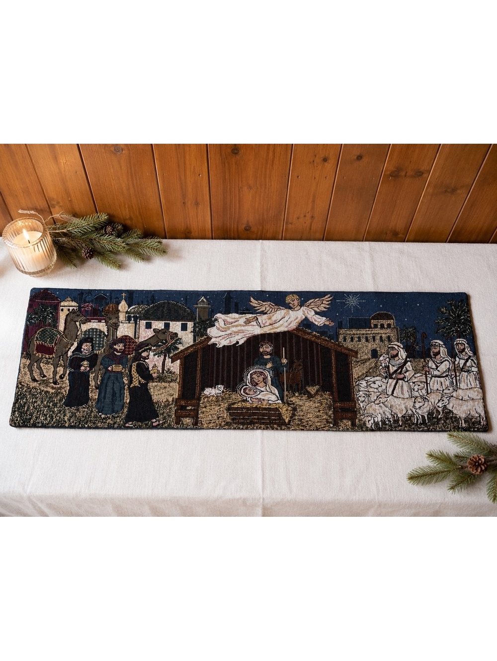 Vintage Christmas Nativity Tapestry Table Runner 35.5 x 12 Religious Decor